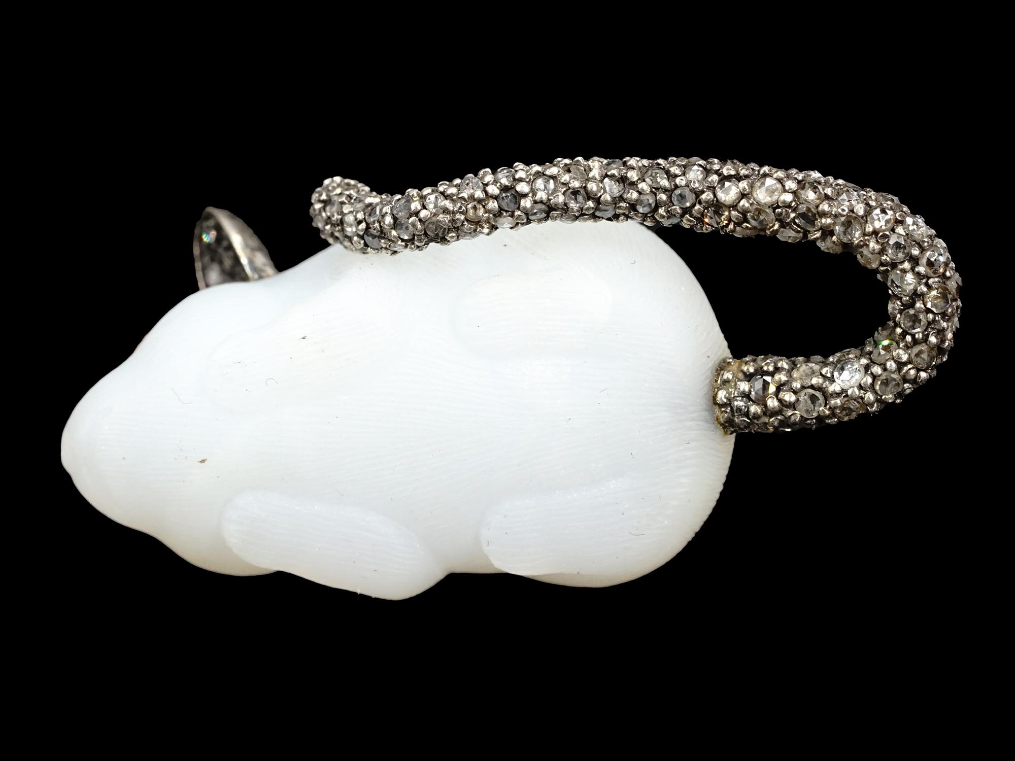 RUSSIAN SILVER WHITE NEPHRITE MOUSE WITH DIAMONDS PIC-6